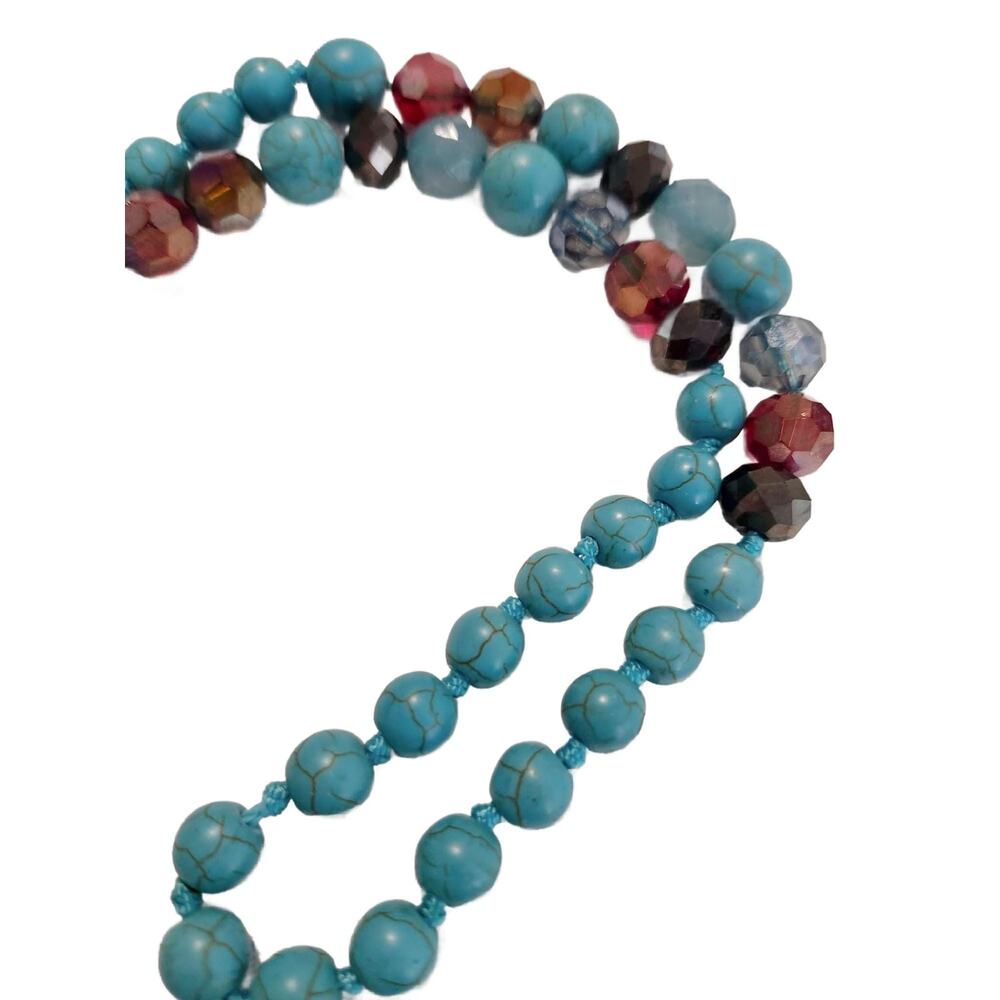 Vintage Turquoise Stone and Red Glass Bead Necklace, 32" Long